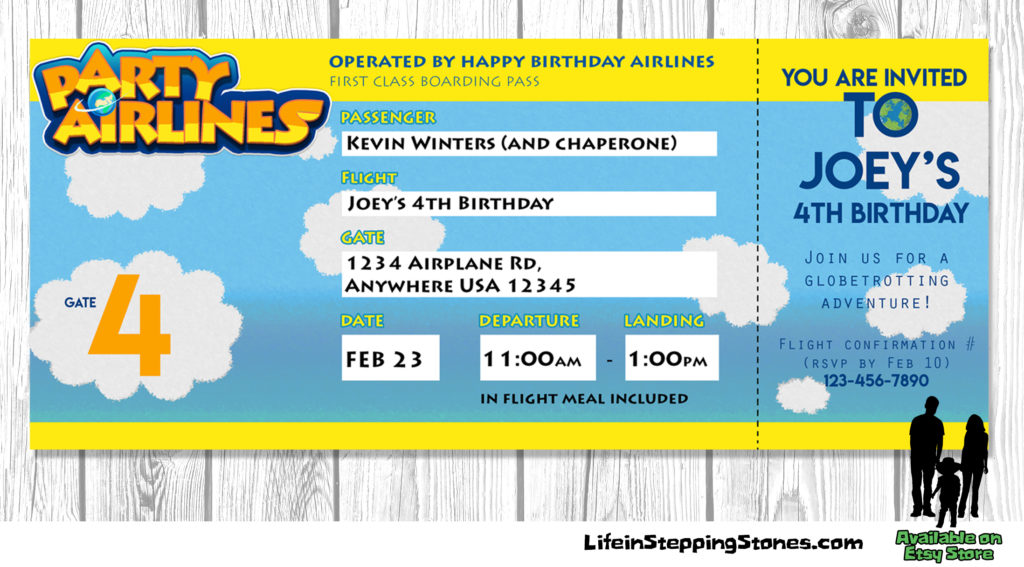 Super Wings and travel theme birthday party ticket invitation