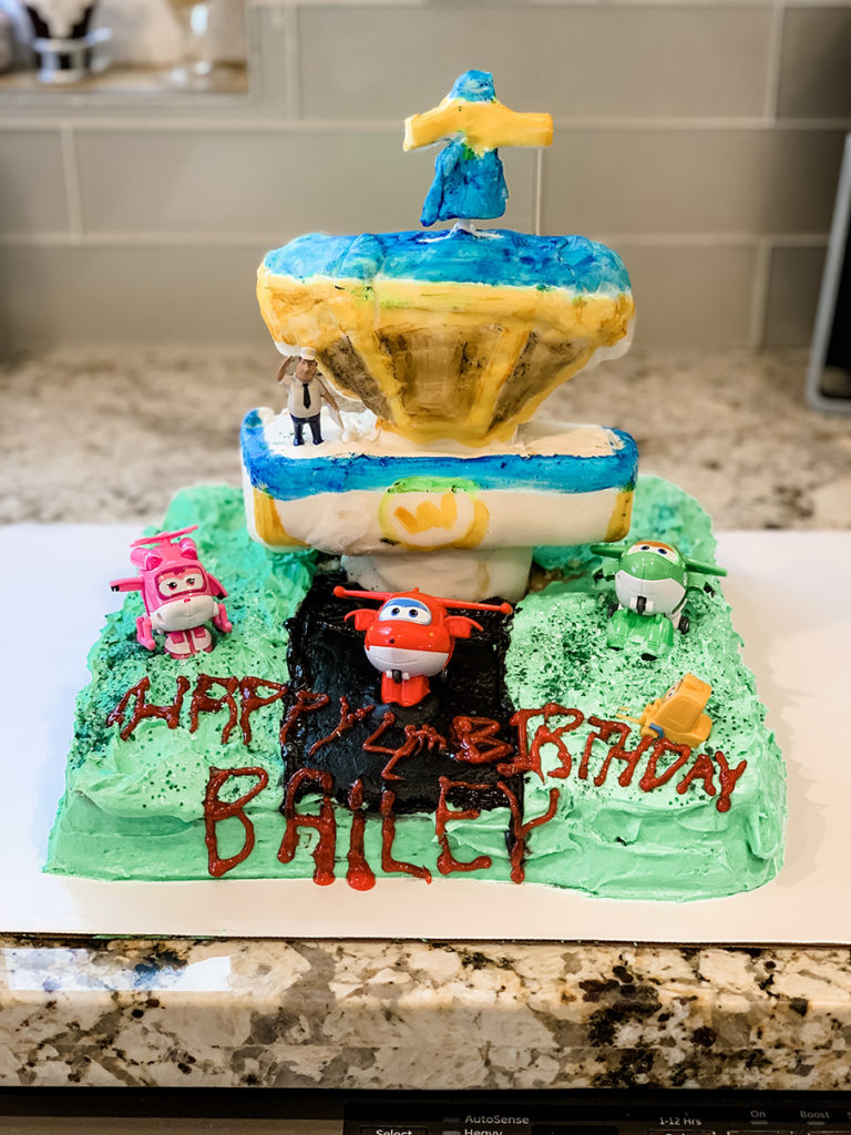 Super Wings Birthday cake with tower and toys