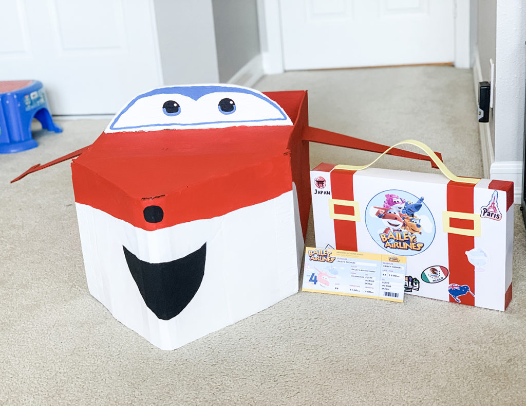 How to make a Jett airplane out of cardboard and a suitcase out of a box for a travel themed Super Wings birthday party