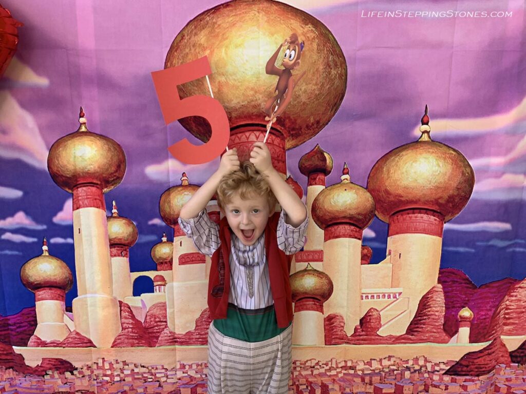 Aladdin theme Princess Jasmine's palace photo booth with birthday signs