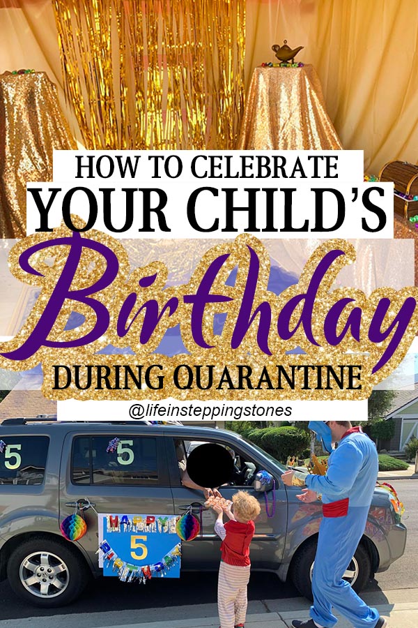 Click for ideas on how to throw a birthday celebration during the pandemic with yard signs, a drive-by parade, and more. Plus, DIY Aladdin theme decorations, birthday cake, and games! #ideas #forkids #pandemicbirthdayideas #forboys #forgirls 