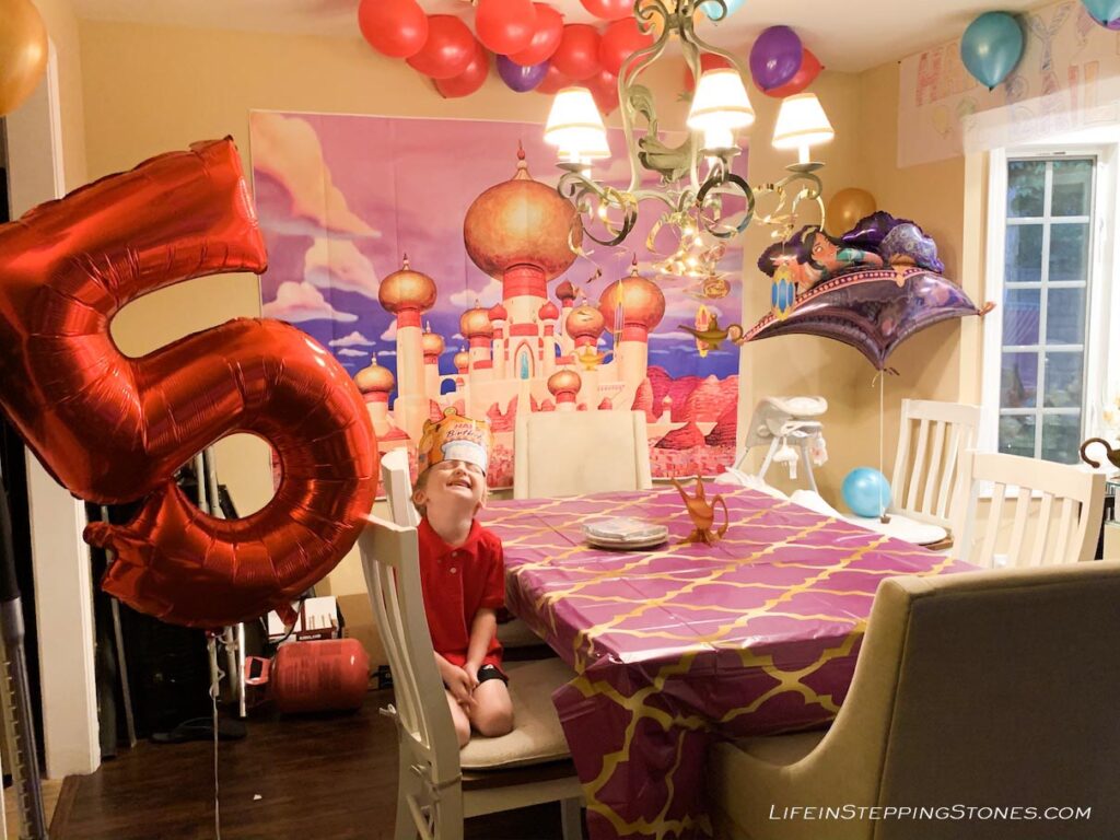 Indoor Aladdin theme birthday decorations during Covid-19