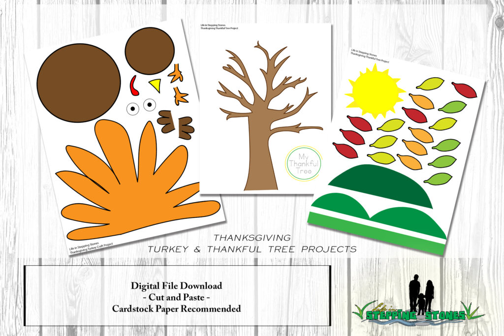 Thanksgiving Turkey and Thankful Tree cut-and-paste activity for kids