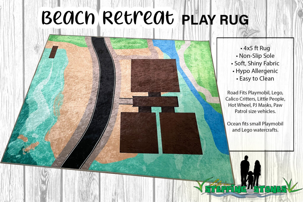 Beach Play Rug with wide roads for cars - fits Playmobil, Lego, Paw Patrol, PJ Masks, Calico Critters, and more. Perfect for playroom, child's bedroom, nursery, or classroom.
