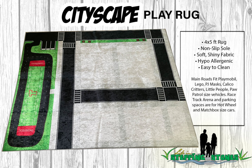 City Play Rug with wide roads for cars - fits Playmobil, Lego, Paw Patrol, PJ Masks, Calico Critters, and more. Perfect for playroom, child's bedroom, nursery, or classroom.
