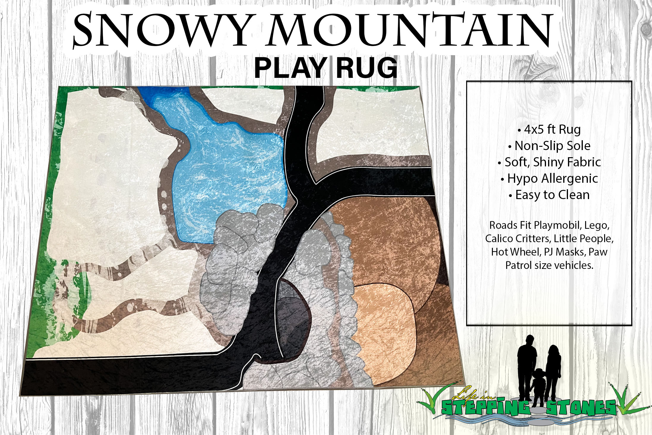Snowy Mountain Town Play Rug with wide roads for cars - fits Playmobil, Lego, Paw Patrol, PJ Masks, Calico Critters, and more. Perfect for playroom, child's bedroom, nursery, or classroom.