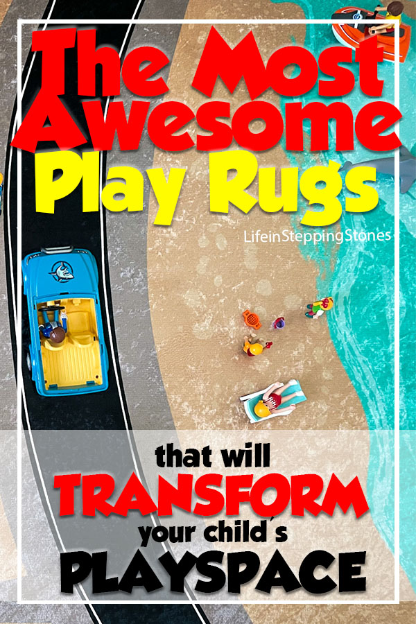 Design your child's playroom or nursery with interactive play rug decor that will transform the way they play and turn any playtime into an epic adventure. The wide 5" roads fit Playmobil, Lego, Calico Critter, Paw Patrol, Little People, PJ Mask cars and more! Choose between a small town, cityscape, beach town, or snowy retreat! All rugs can connect to expand their world even more. #playroom #ideas #design #inspiration #playrug
