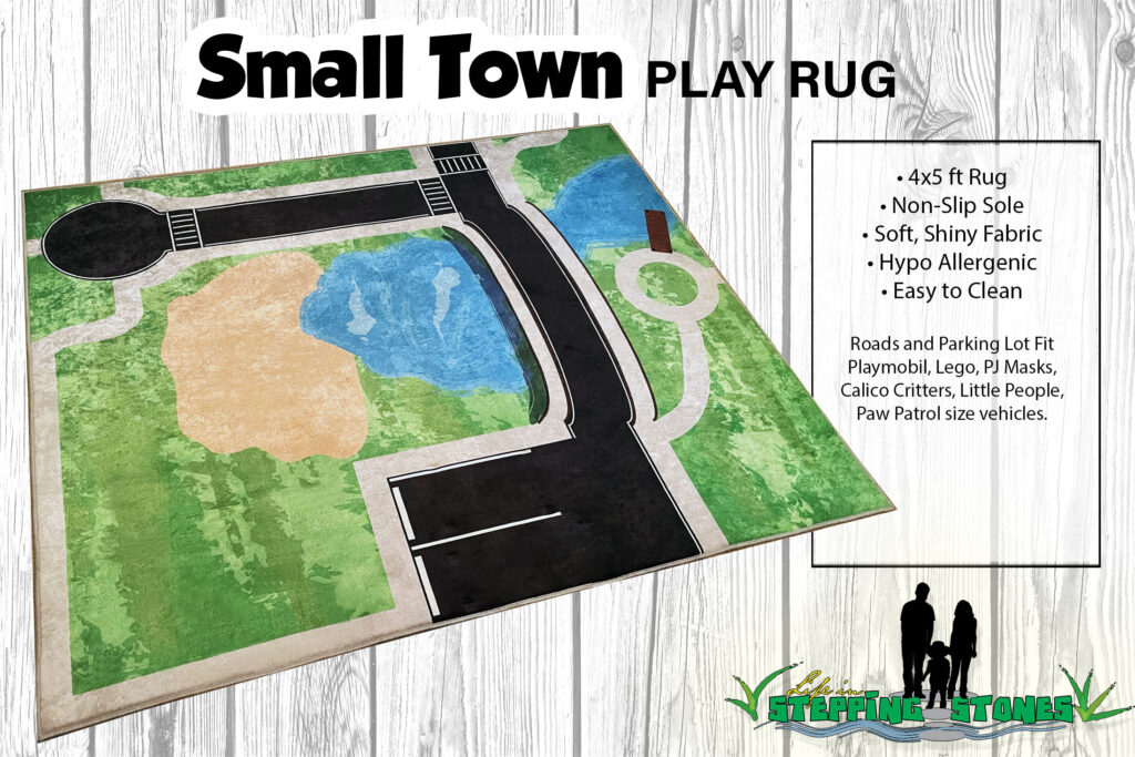 Play Rug with wide roads for cars - fits Playmobil, Lego, Paw Patrol, PJ Masks, Calico Critters, and more. Perfect for playroom, child's bedroom, nursery, or classroom.