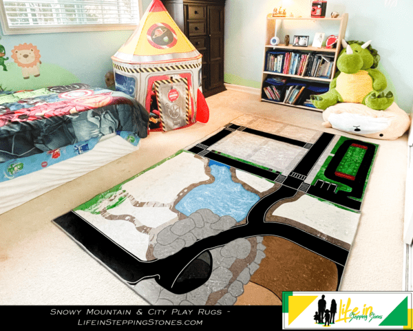 kids play rug with roads - snowy mountain town, city, toy cars - child's bedroom, nursery, playroom