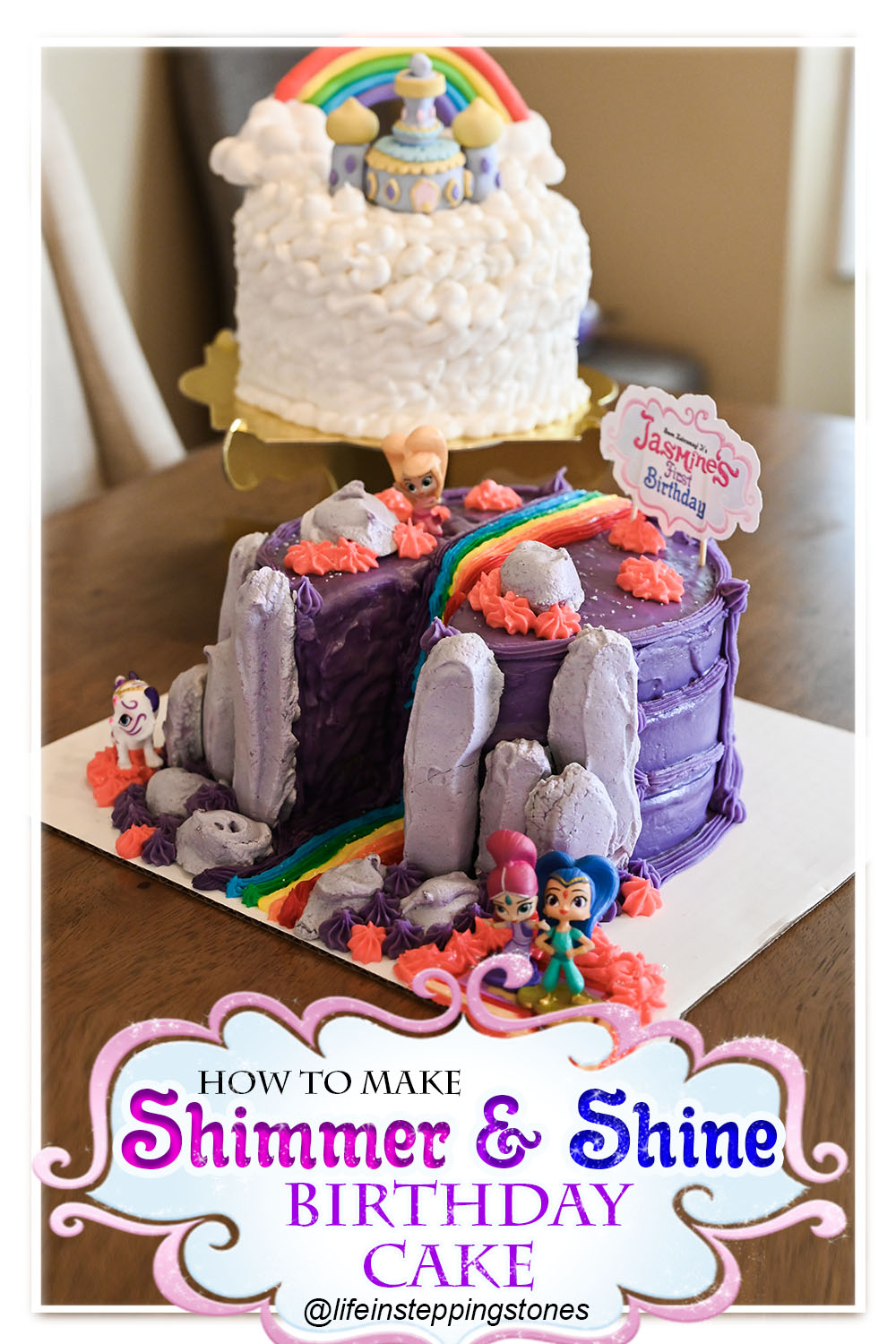 How to Make a Shimmer and Shine Birthday Cake for your child's Shimmer and Shine theme birthday party. Design a cloud smash cake and Rainbow Zahramay Falls cake. Plus Gluten free and dairy free cake recipe and dairy free frosting recipe.
