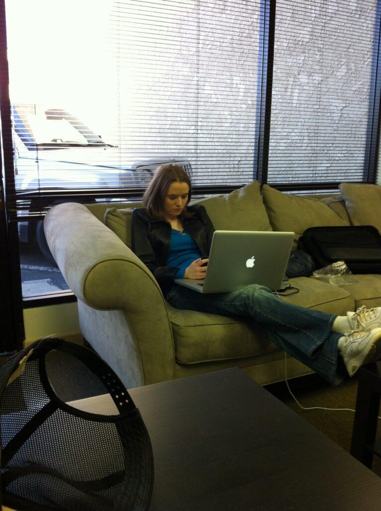A poor work environment. Working on my laptop in the office lobby.