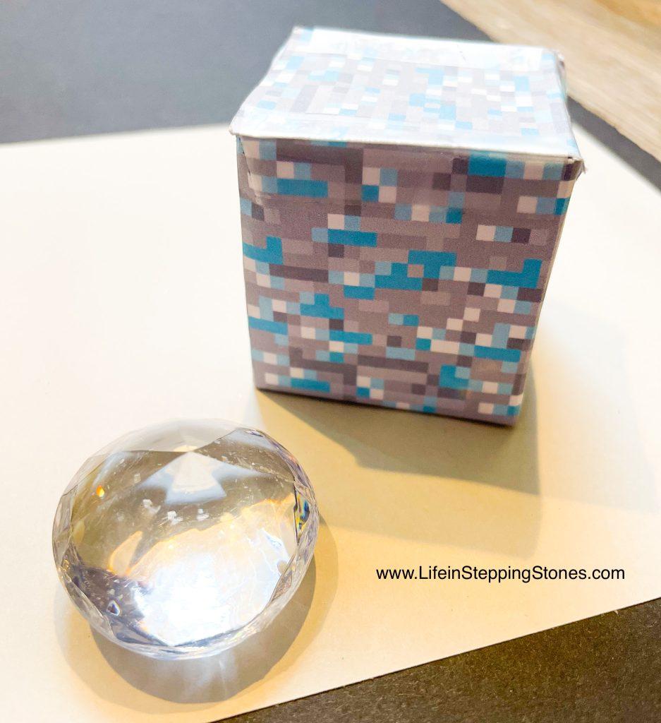 Minecraft Diamond Ore box with diamond inside for birthday party.