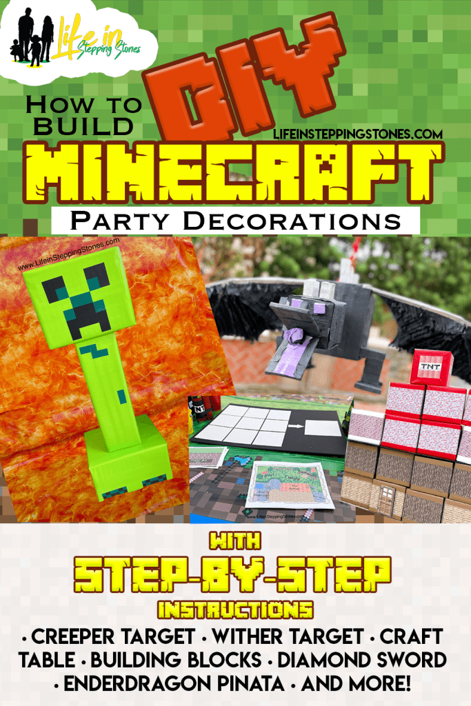 How to Make Minecraft Birthday Party decorations. DIY & build the Enderdragon Piñata, Creeper or Wither Target, Crafting Table, Diamond Sword, Minecraft blocks, & more!