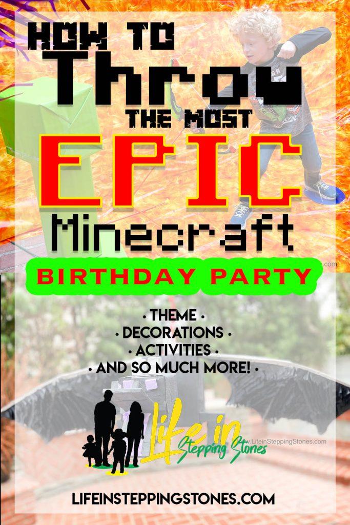 Minecraft Birthday Party ideas with epic decorations to create The Nether and End Dimension, crafting and building activities, battles with the Minecraft monsters, and food ideas!