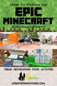 Minecraft Birthday Party ideas with epic decorations to create The Nether and End Dimension, crafting and building activities, battles with the Minecraft monsters, and food ideas!