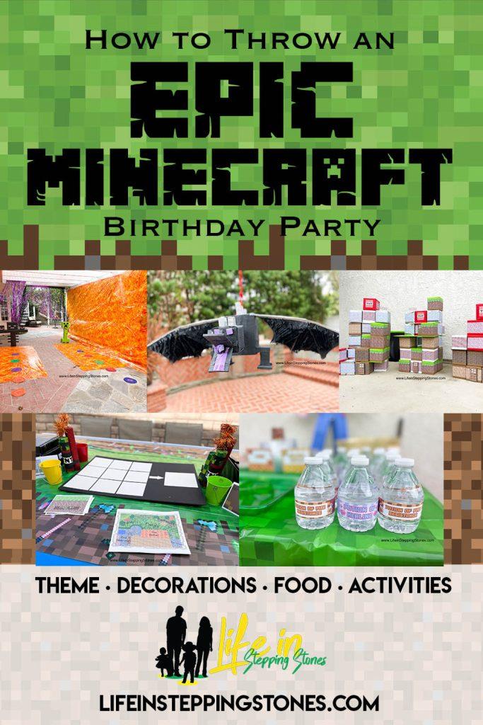 Minecraft Birthday Party ideas with epic decorations to create The Nether and End Dimension, crafting and building activities, battles with the Minecraft monsters, and food ideas!