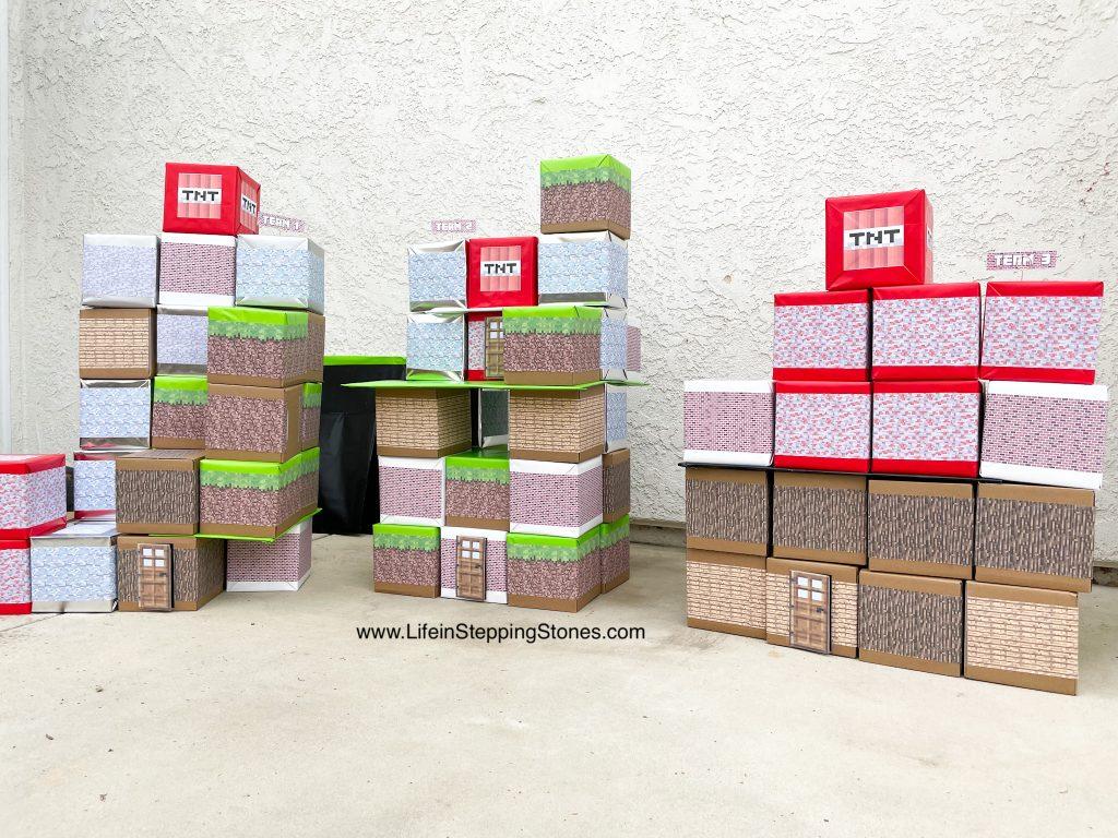DIY how to make Minecraft birthday party building boxes activity decoration and craft