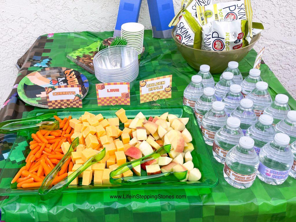Minecraft Birthday Party food ideas including Carrots, Cheese Lava Blocks, and Golden Apple slices.