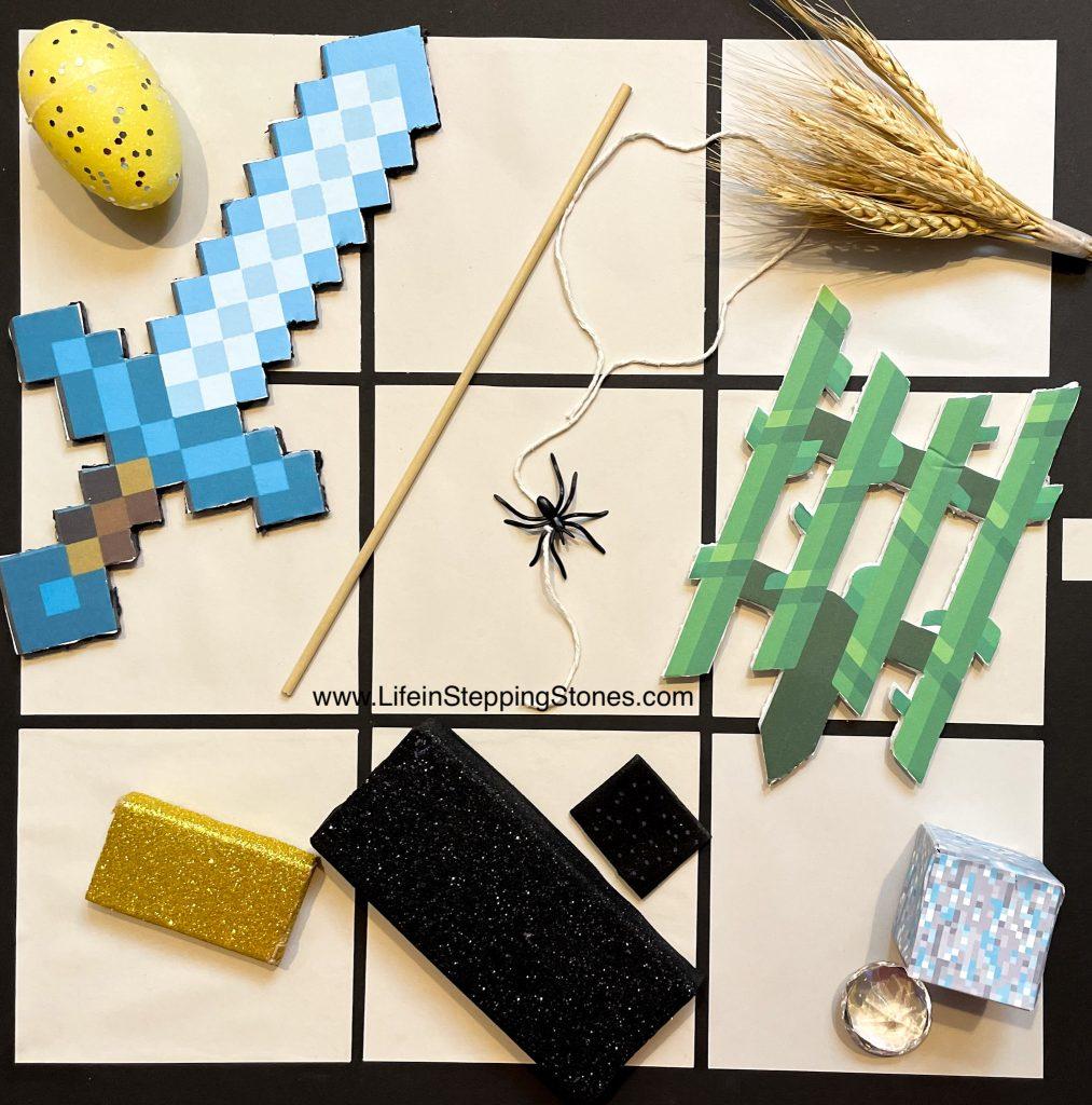Minecraft scavenger hunt items for birthday party include diamond sword, netherite and gold ingot, diamond ore box, sugarcane, and more.