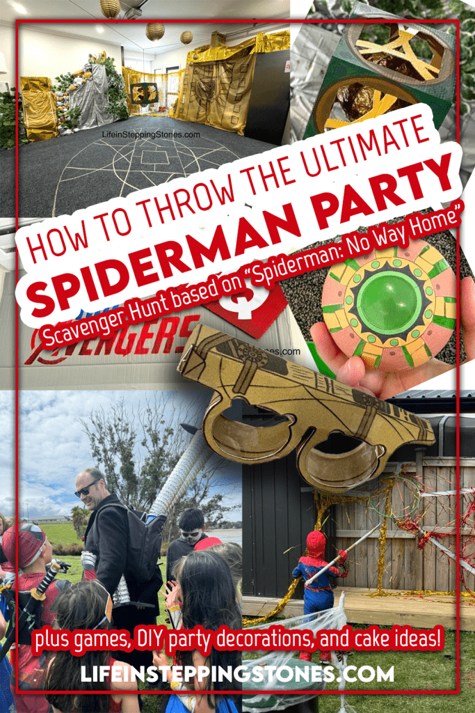 DIY creative Spiderman birthday party ideas based on Spiderman: No Way Home. Send the kids on a mission with Spiderman and Doctor Strange to stop the villains from the Spiderverse and open a portal! DIY party decorations, obstacle course, games, cake ideas, and more. Learn how to make Dr. Strange's portal ring, Green Goblin's detonators, and the box that erased the memory of Spiderman's friends. Your kid will never forget this party!