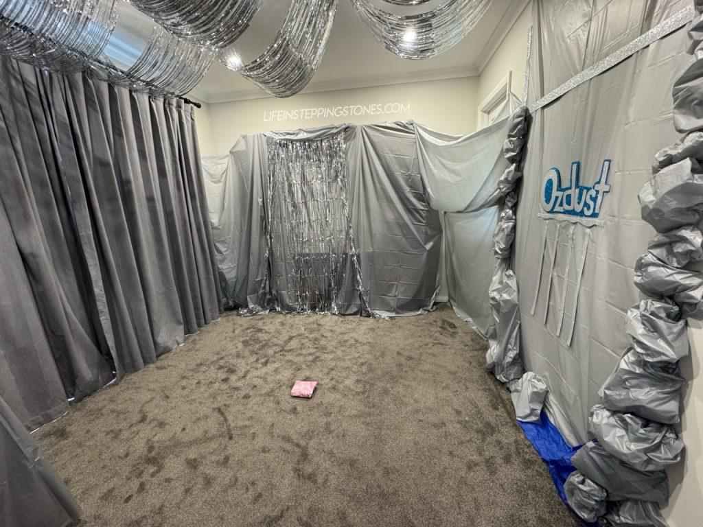 Recreating the Ozdust Ballroom for Wicked party decorations. Inside, the kids played Pass the Parcel and learned Elphaba and Glinda's dance from the Ozdust