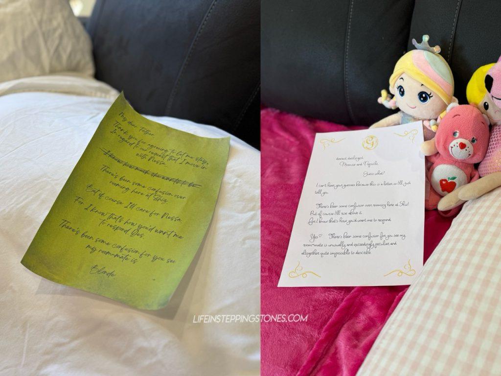 Elphaba and Glinda's letters from "Wicked" as birthday party decoration props