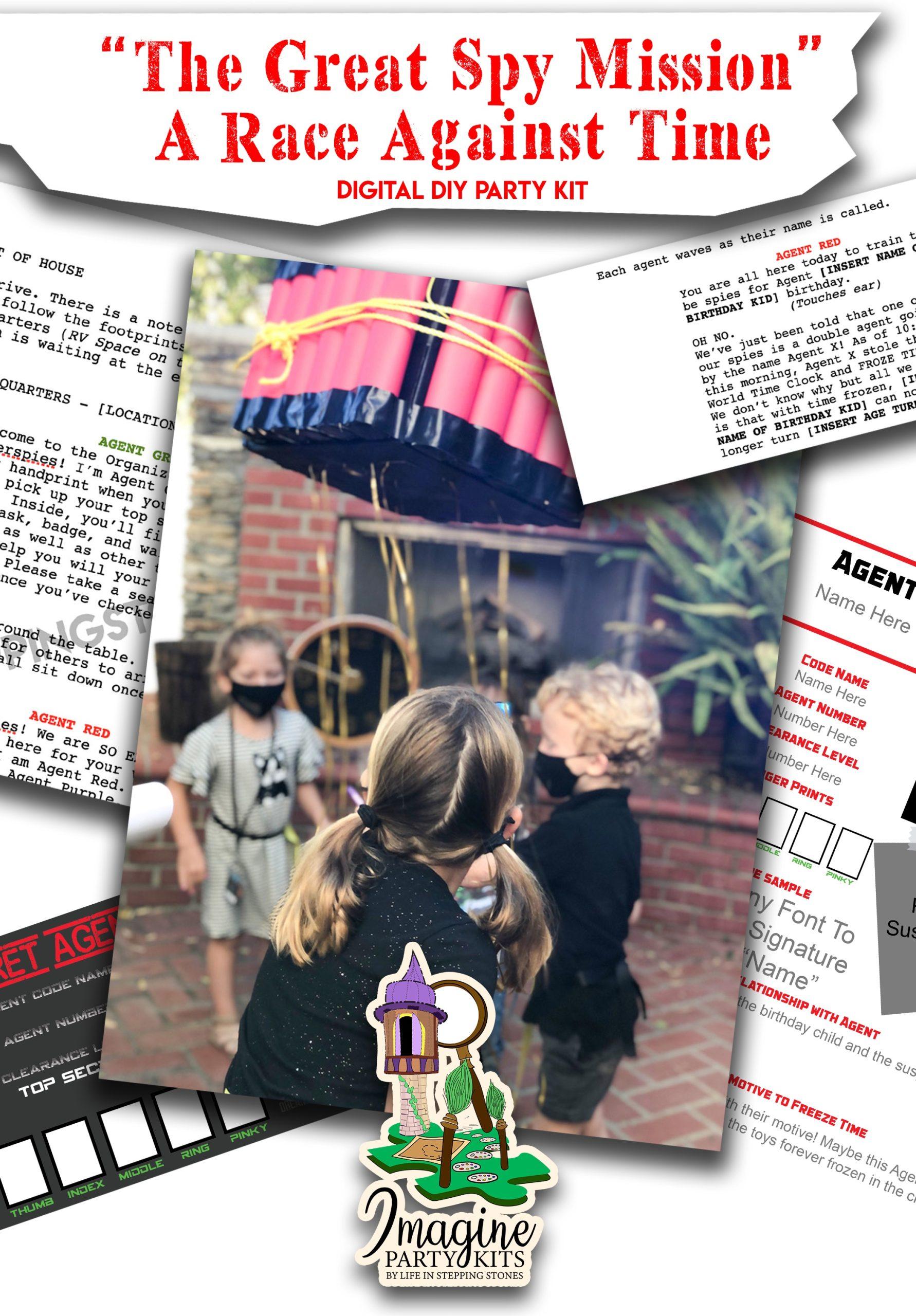 Throw an unforgettable DIY spy birthday party! In this exciting scavenger hunt, kids dust for fingerprints, follow secret clues, and race to stop a rogue agent from freezing time. Includes printable clues, party decorations, ID cards, piñata templates, and a full mission script.